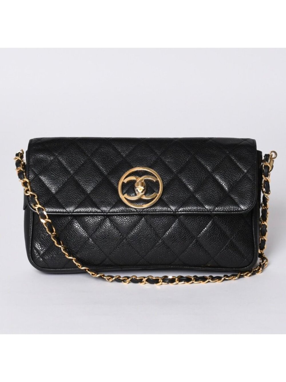 Chanel S Flap S Chain Shoulder Bag CC Logo Caviar Leather Black Gold